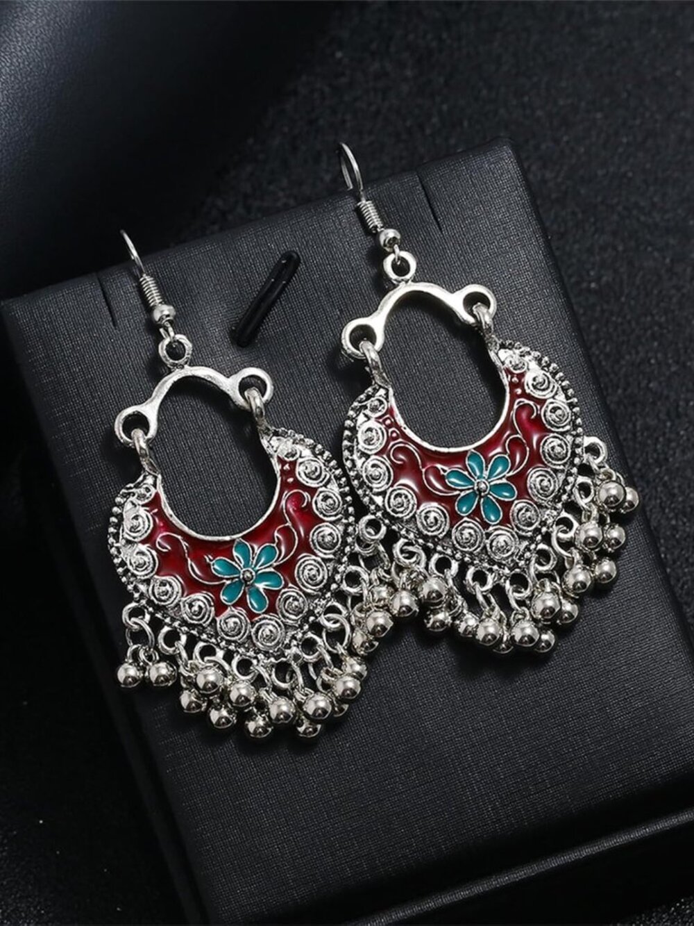 Red, Teal & Silver Boho Floral Chandelier Earrings Dangle Drop Statement Jewelry